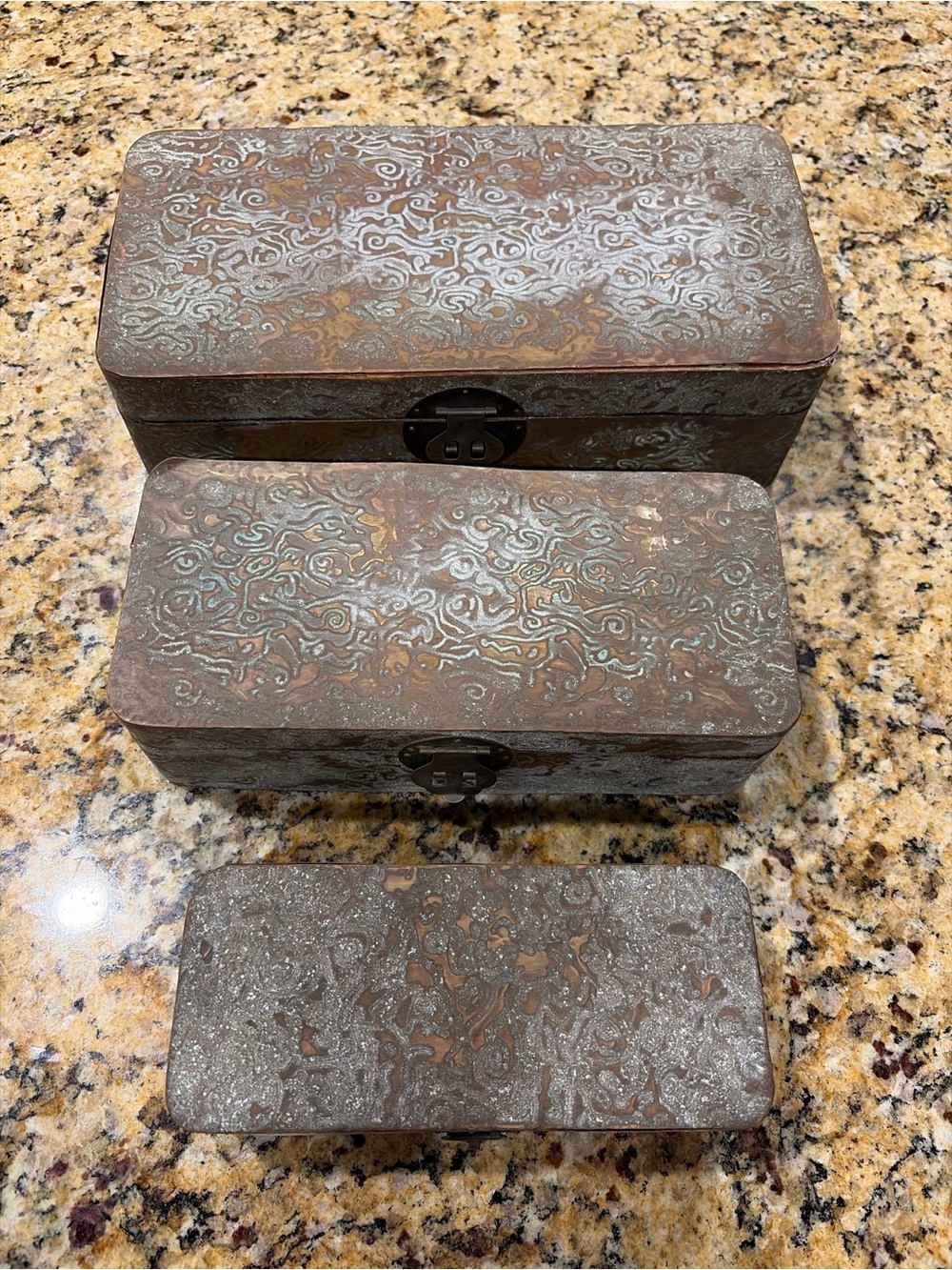 Decorative Metal Nesting Storage Boxes with Patina Finish - Set of 3